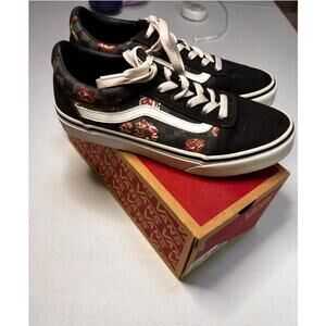 Vans Flowers & Checks Black Floral Low Top Sneakers Girls Youth Size 4
